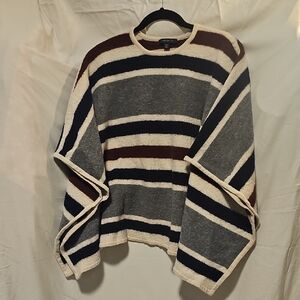 Ann Taylor 100% Merino Wool Striped Cape Sweater Poncho XS/S Soft Knit Neutral
